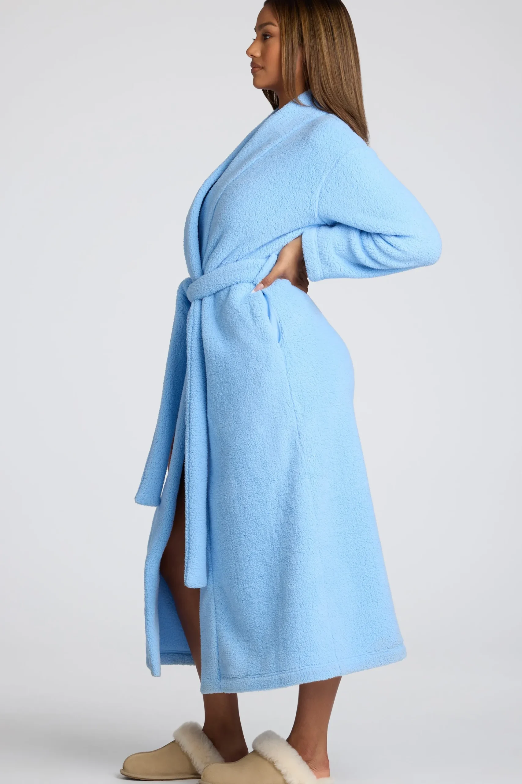 Oh Polly Lounge & Intimates^Tie Front Fleece Robe in Baby Blue BabyBlue