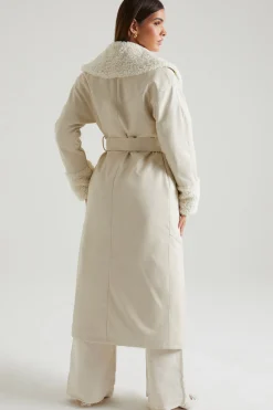 Oh Polly Outerwear | Fall Outfits^Tie Up Coat with Shearling Collar and Cuffs in Cream