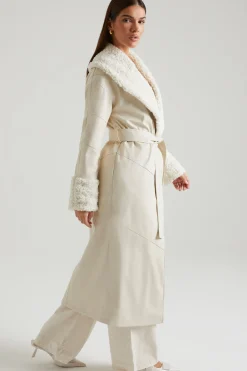 Oh Polly Outerwear | Fall Outfits^Tie Up Coat with Shearling Collar and Cuffs in Cream