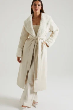 Oh Polly Outerwear | Fall Outfits^Tie Up Coat with Shearling Collar and Cuffs in Cream