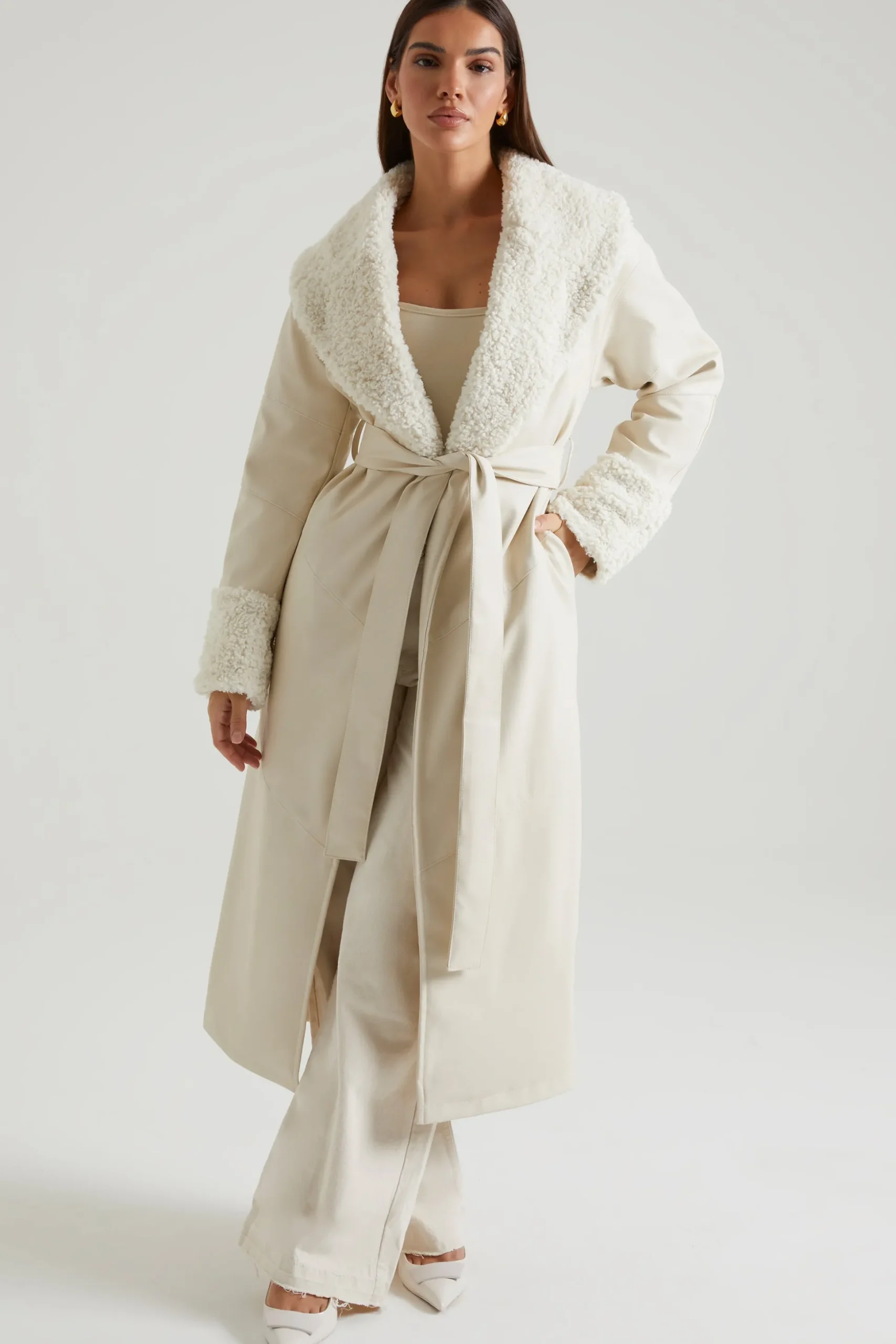 Oh Polly Outerwear | Fall Outfits^Tie Up Coat with Shearling Collar and Cuffs in Cream