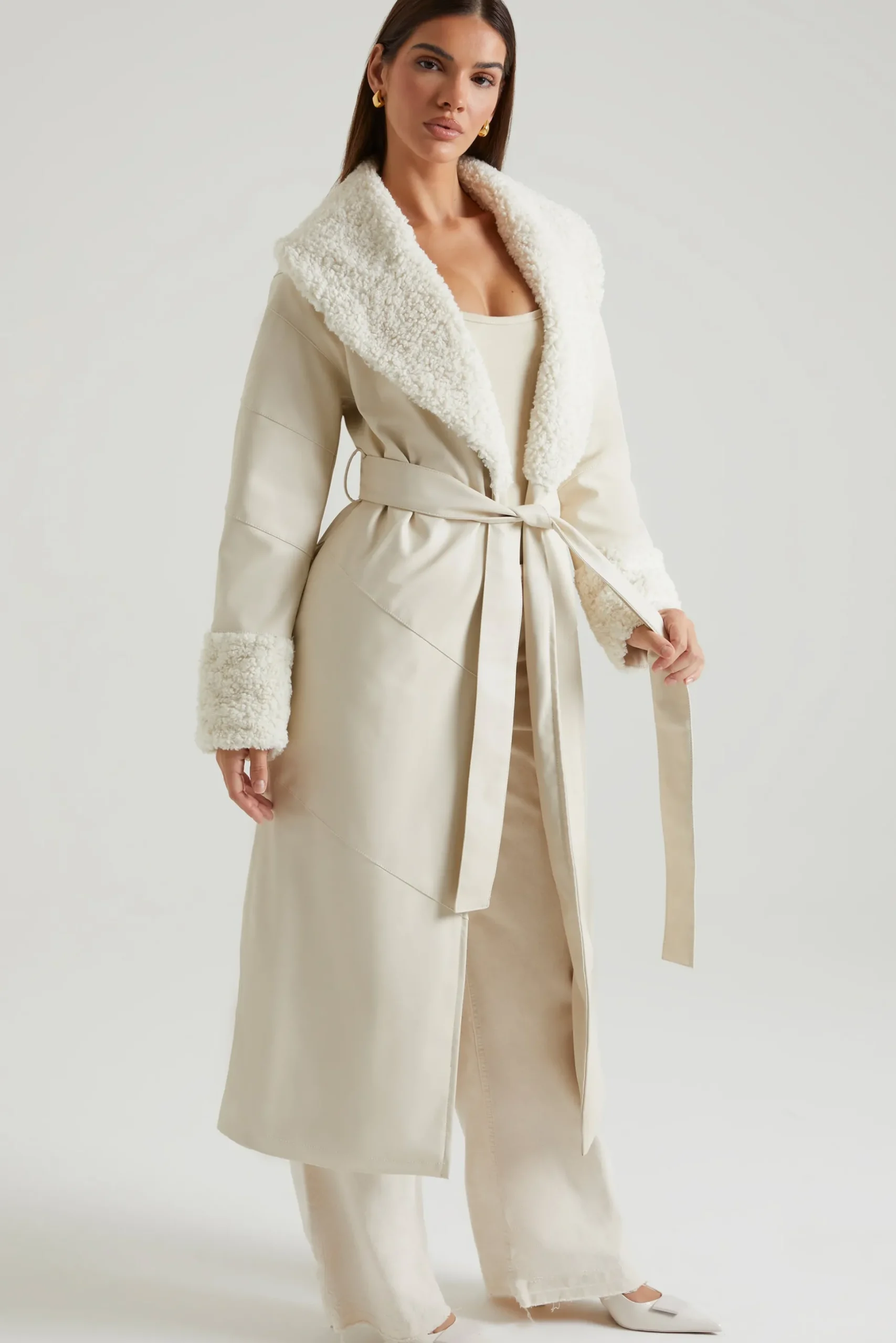 Oh Polly Outerwear | Fall Outfits^Tie Up Coat with Shearling Collar and Cuffs in Cream