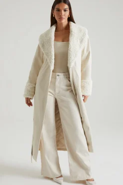 Oh Polly Outerwear | Fall Outfits^Tie Up Coat with Shearling Collar and Cuffs in Cream
