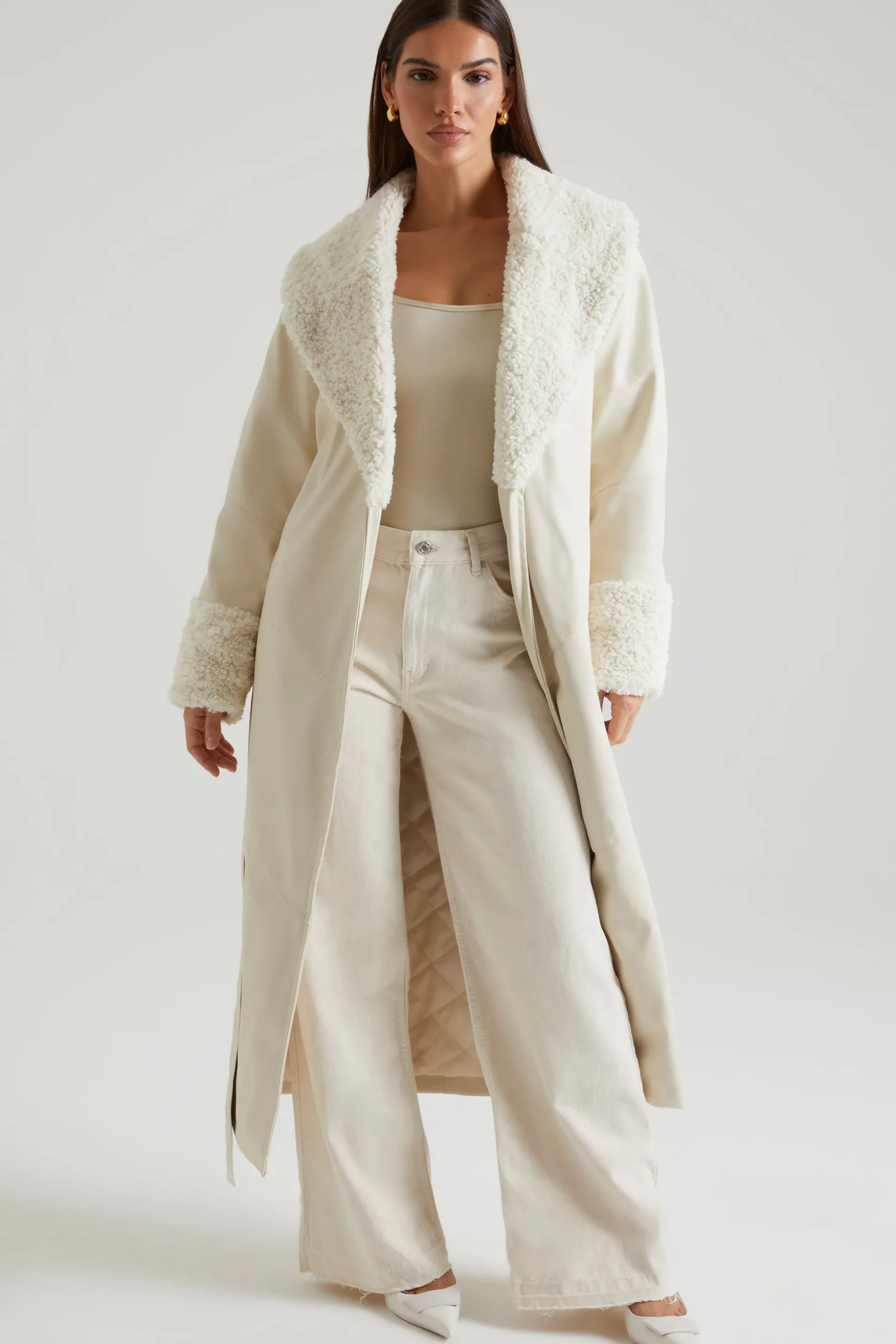 Oh Polly Outerwear | Fall Outfits^Tie Up Coat with Shearling Collar and Cuffs in Cream