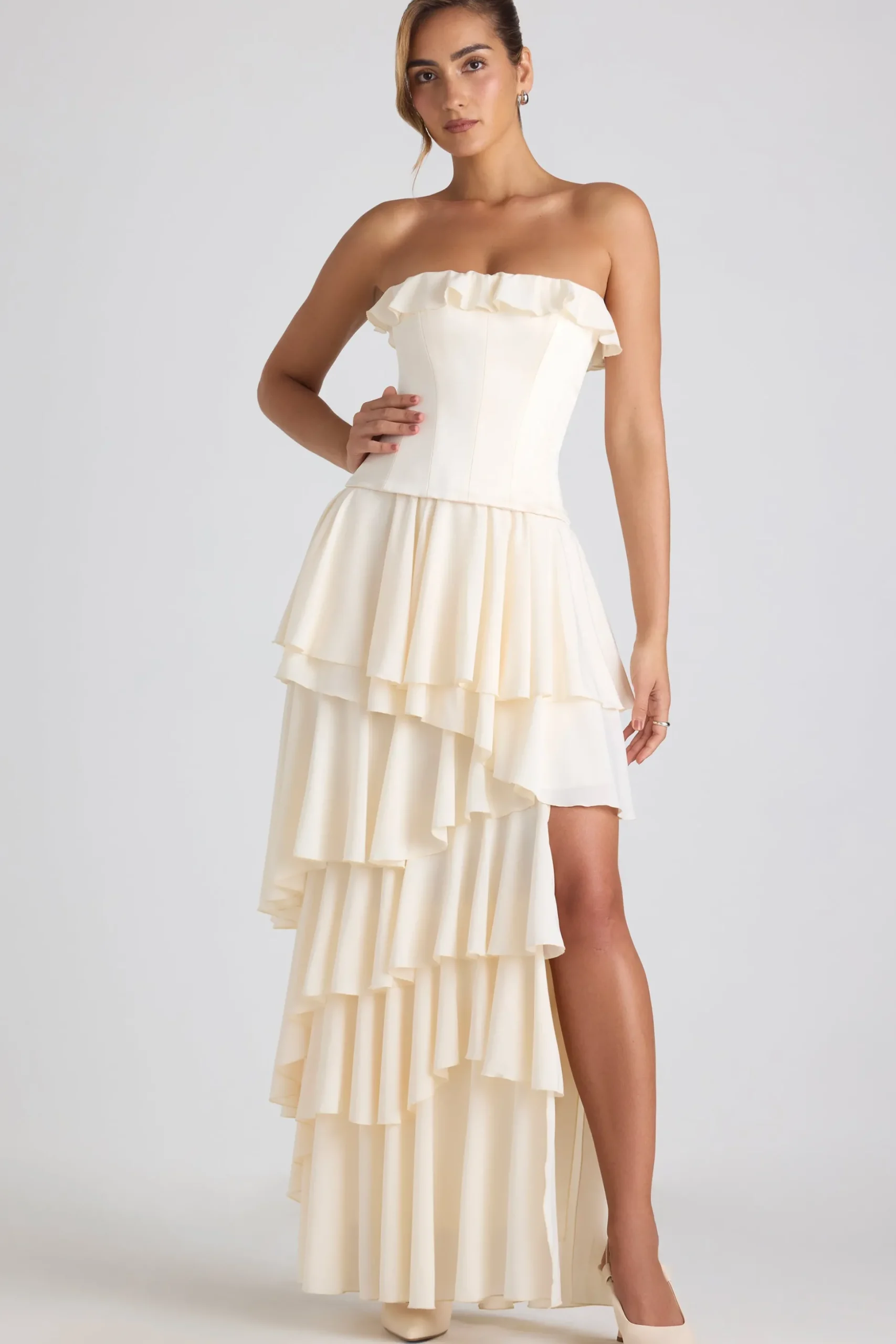 Oh Polly Bride To Be | Georgette And Chiffon^Tiered Corset Gown in Ivory