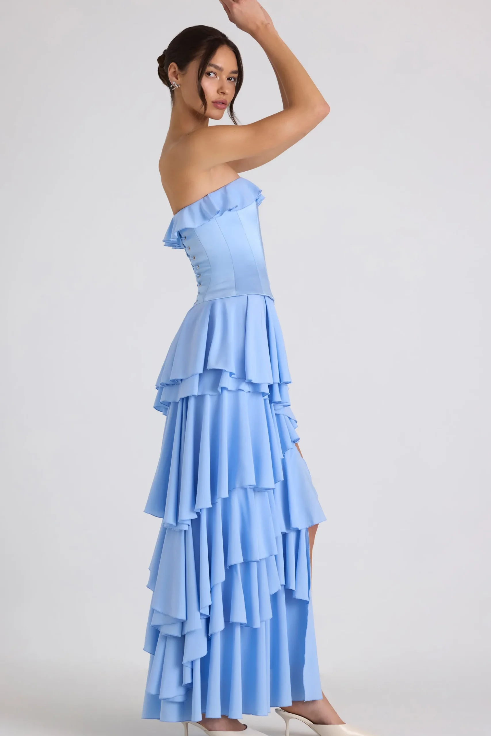 Oh Polly Wedding Guest | Georgette And Chiffon^Tiered Corset Gown in Sky Blue SkyBlue