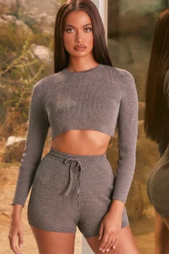 Oh Polly Women'S Clothing Sale - $65 And Under | Women'S Clothing Sale - $40 And Under^Trend Setter Tie Front Ribbed Knit Mini Shorts in Black Marl