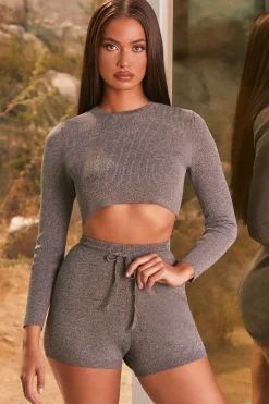 Oh Polly Women'S Clothing Sale - $65 And Under | Women'S Clothing Sale - $40 And Under^Trend Setter Tie Front Ribbed Knit Mini Shorts in Black Marl