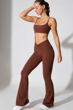 Oh Polly Matching Sets | Leggings^Twist Waist Flare Leggings in Chocolate