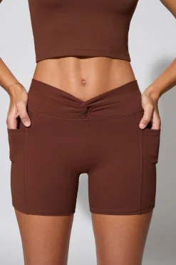 Oh Polly Matching Sets | Shorts^Twist Waist Mini Shorts with Pockets in Chocolate