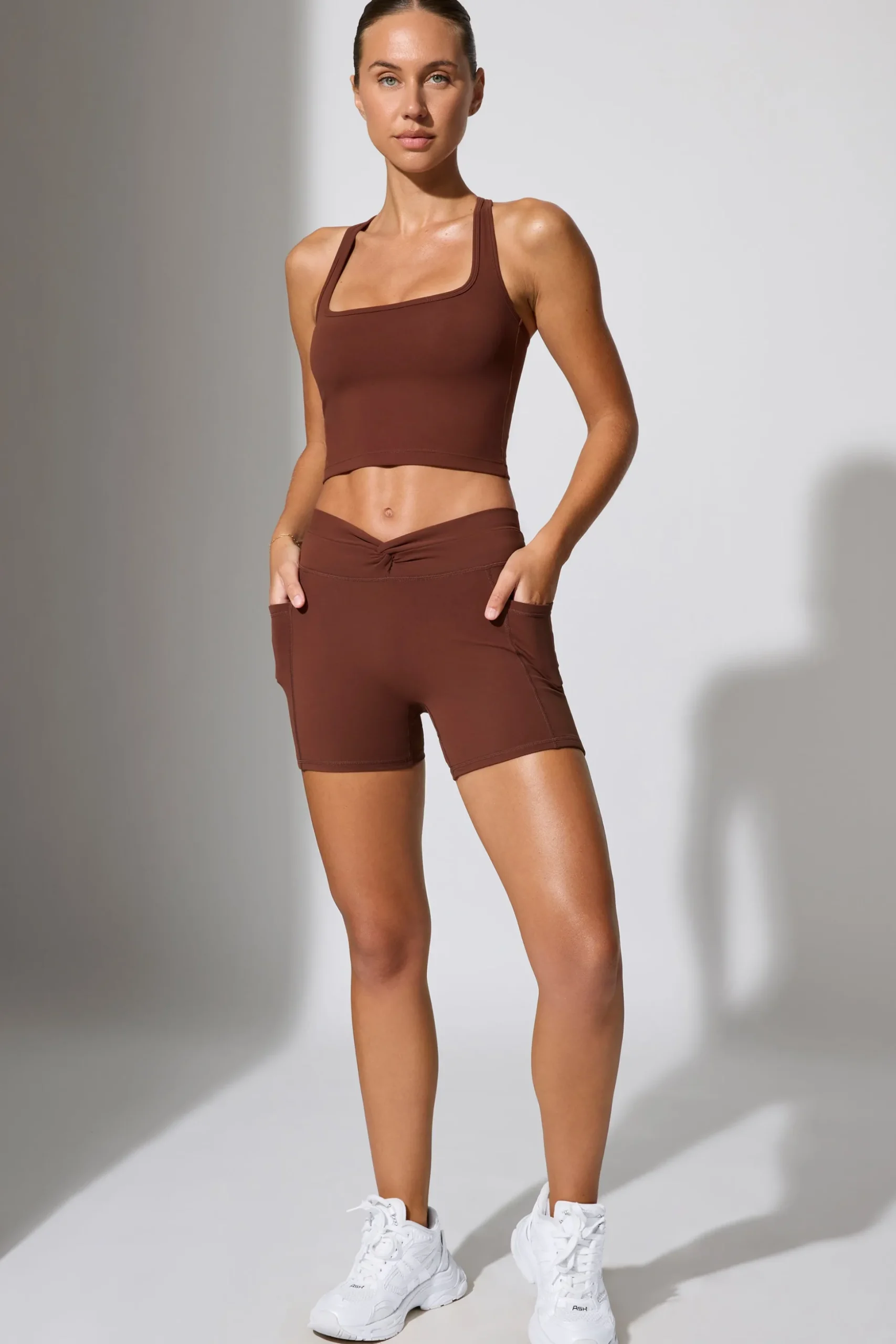 Oh Polly Matching Sets | Shorts^Twist Waist Mini Shorts with Pockets in Chocolate
