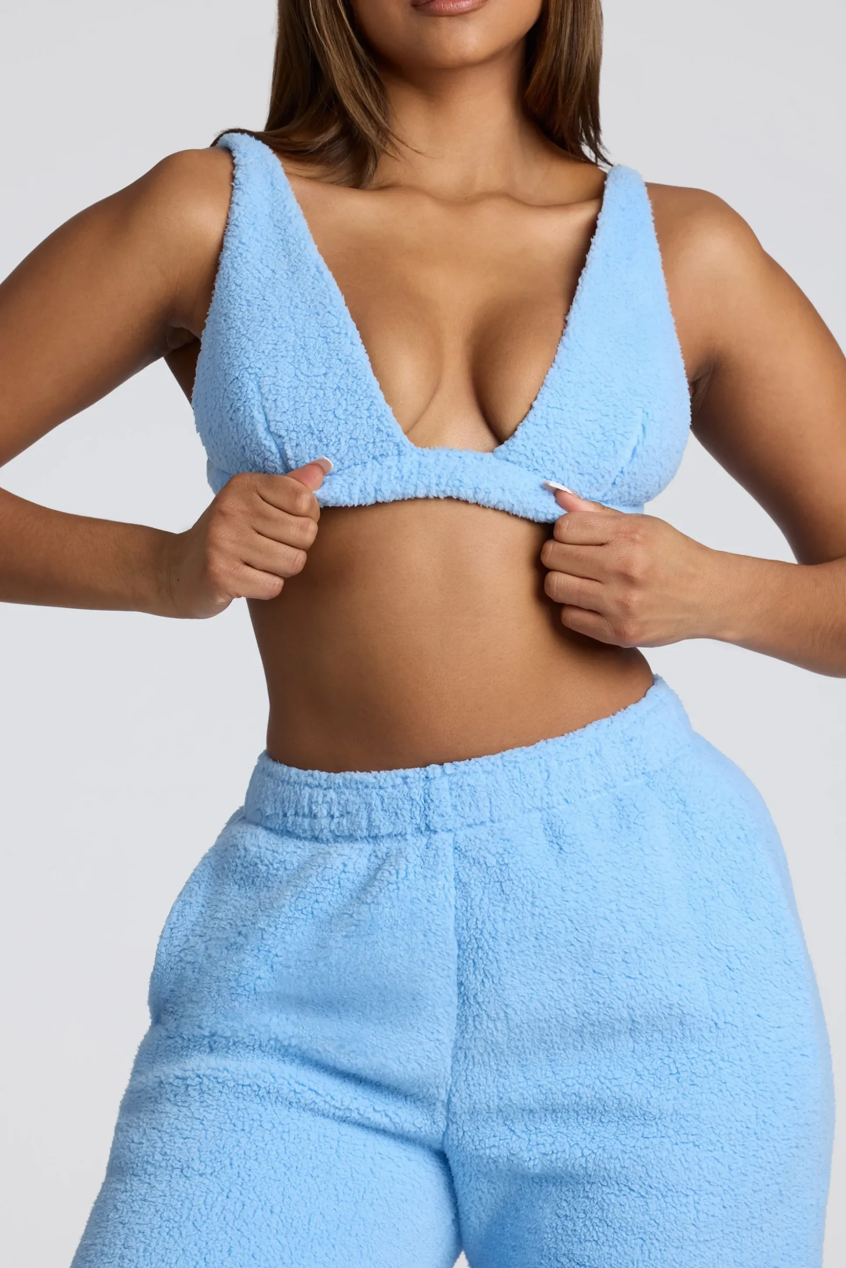 Oh Polly Lounge & Intimates | Co-Ords^V Neck Fleece Bralette in Baby Blue BabyBlue