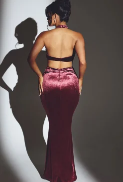 Oh Polly Holiday Party Dresses & Outfits^Velvet Halter Neck Maxi Dress in Wine