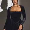 Oh Polly Party Dresses | Holiday Party Dresses & Outfits^Velvet Long Sleeve Corset Mini Dress in Jet Black JetBlack