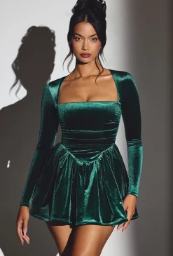 Oh Polly Holiday Party Dresses & Outfits^Velvet Long Sleeve Corset Mini Dress in Emerald Green EmeraldGreen