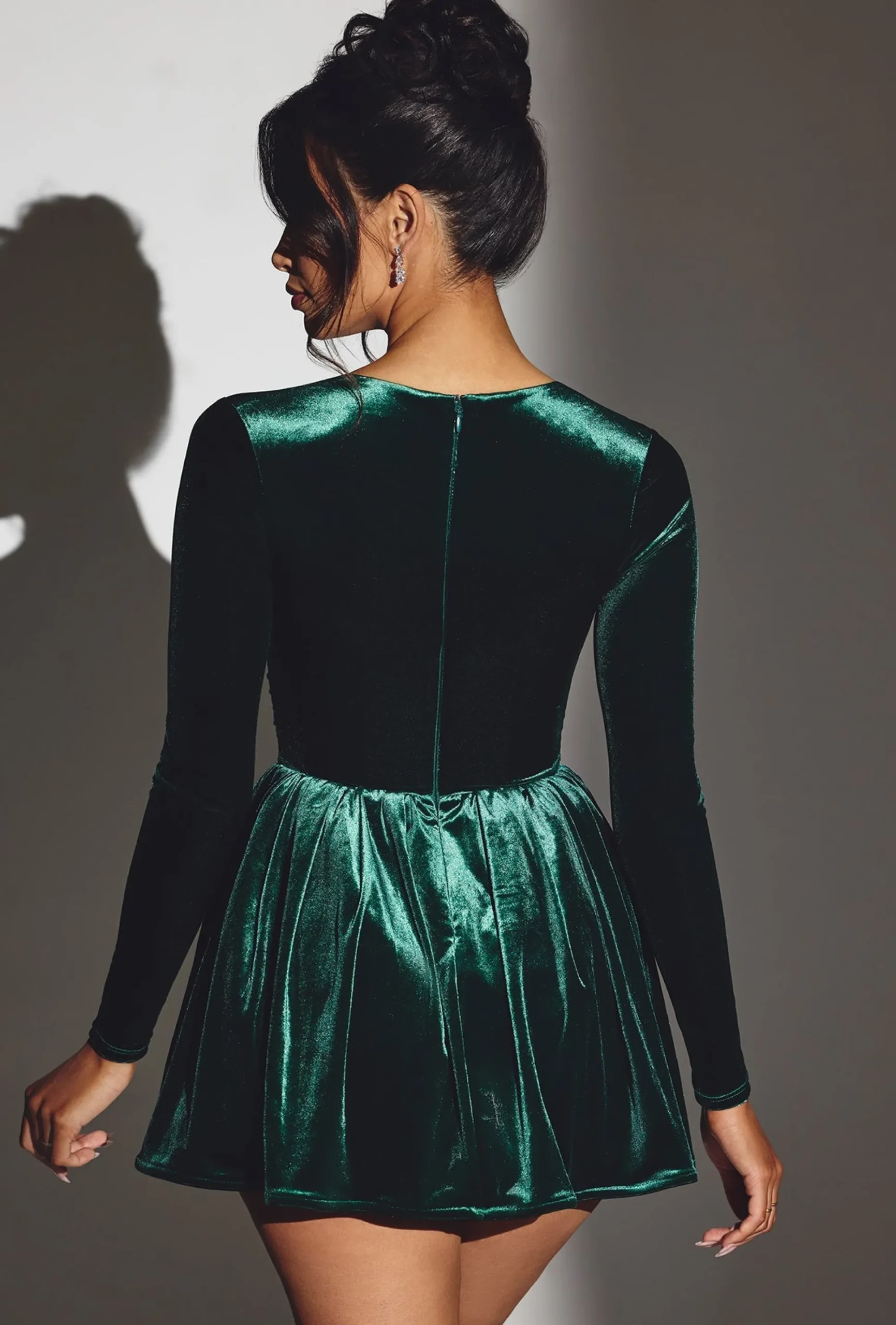 Oh Polly Holiday Party Dresses & Outfits^Velvet Long Sleeve Corset Mini Dress in Emerald Green EmeraldGreen