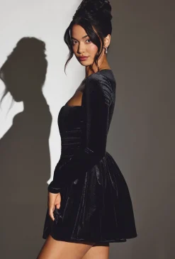 Oh Polly Party Dresses | Holiday Party Dresses & Outfits^Velvet Long Sleeve Corset Mini Dress in Jet Black JetBlack