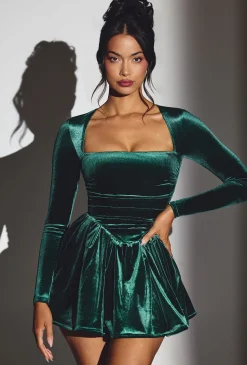 Oh Polly Holiday Party Dresses & Outfits^Velvet Long Sleeve Corset Mini Dress in Emerald Green EmeraldGreen