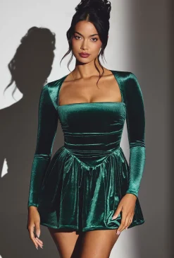 Oh Polly Holiday Party Dresses & Outfits^Velvet Long Sleeve Corset Mini Dress in Emerald Green EmeraldGreen