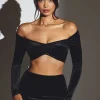 Oh Polly Co-Ords | Tops^Velvet Off The Shoulder Ruched Crop Top in Jet Black JetBlack
