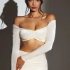Oh Polly Co-Ords | Tops^Velvet Off The Shoulder Ruched Crop Top in Ivory