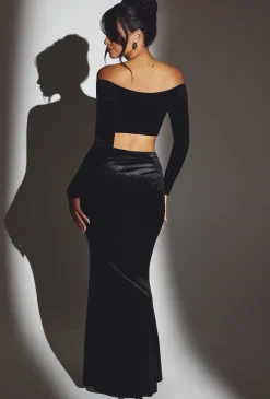 Oh Polly Co-Ords | Tops^Velvet Off The Shoulder Ruched Crop Top in Jet Black JetBlack