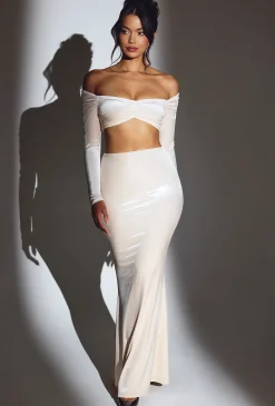 Oh Polly Co-Ords | Tops^Velvet Off The Shoulder Ruched Crop Top in Ivory