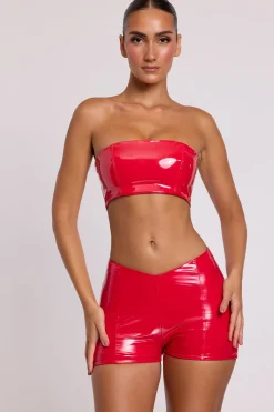 Oh Polly Bottoms | Co-Ords^Vinyl Angled Waist Mini Shorts in Fire Red FireRed