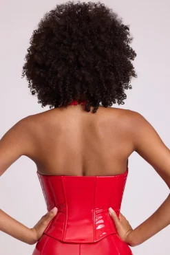 Oh Polly Tops^Vinyl Halter Neck Lace Up Corset Crop Top in Fire Red FireRed