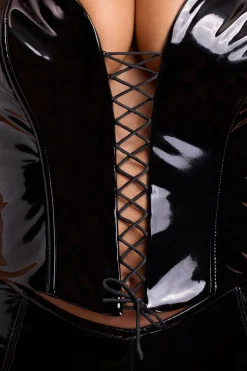 Oh Polly Tops^Vinyl Halter Neck Lace Up Corset Crop Top in Black