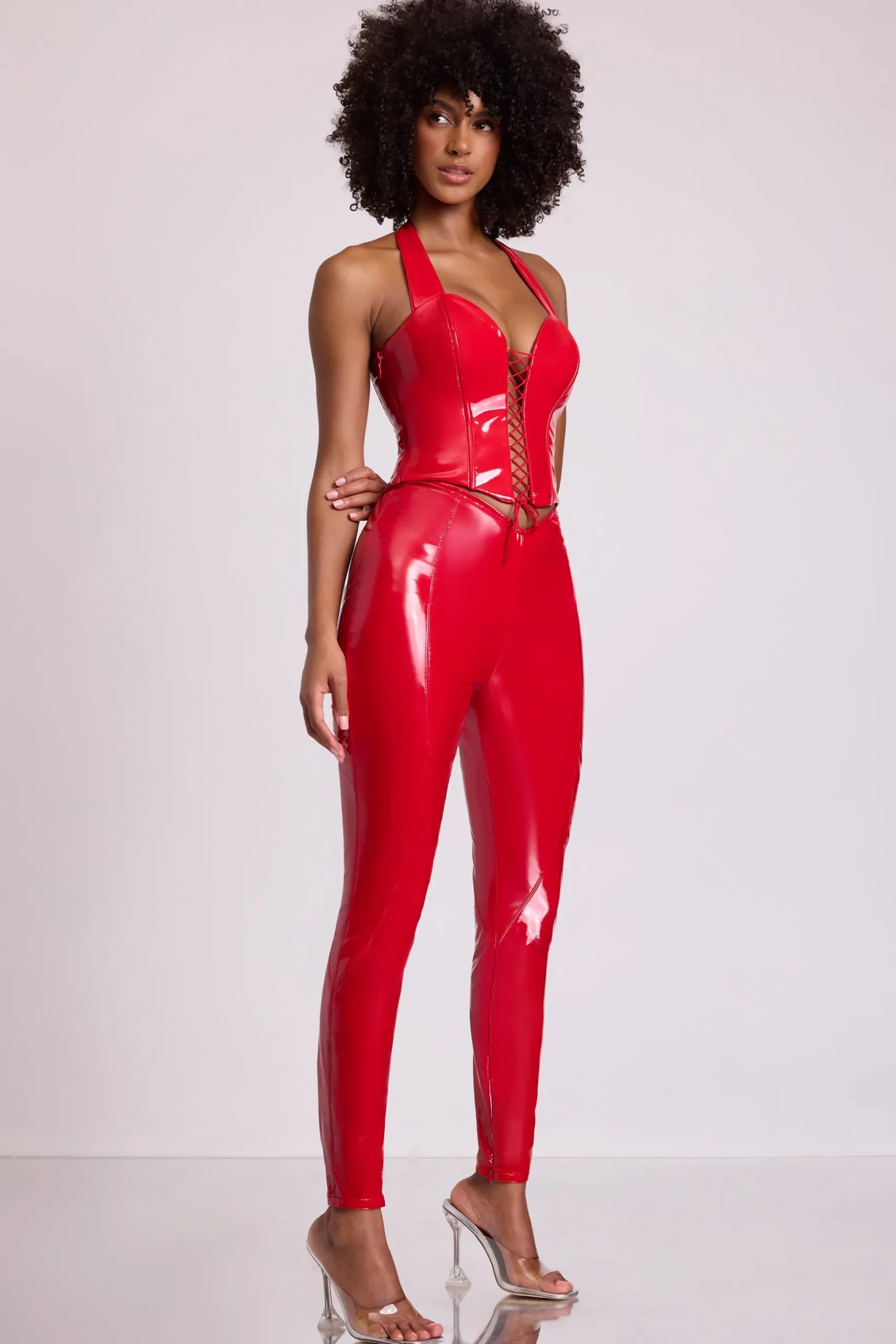 Oh Polly Bottoms^Vinyl High V-Waist Leggings in Fire Red FireRed