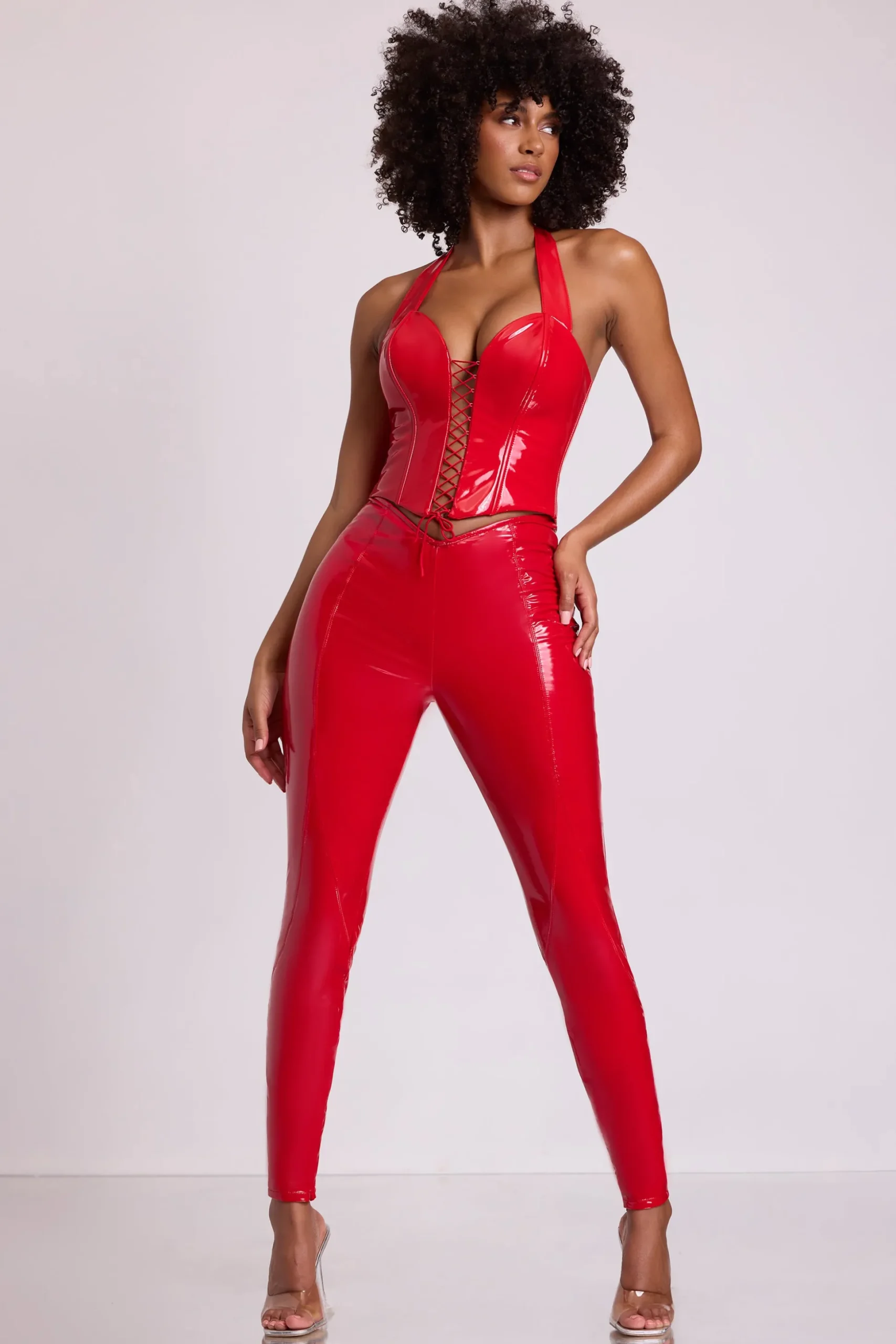 Oh Polly Bottoms^Vinyl High V-Waist Leggings in Fire Red FireRed