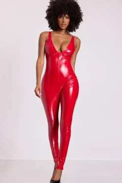 Oh Polly Jumpsuits & Unitards^Vinyl Plunge Neck Catsuit in Fire Red