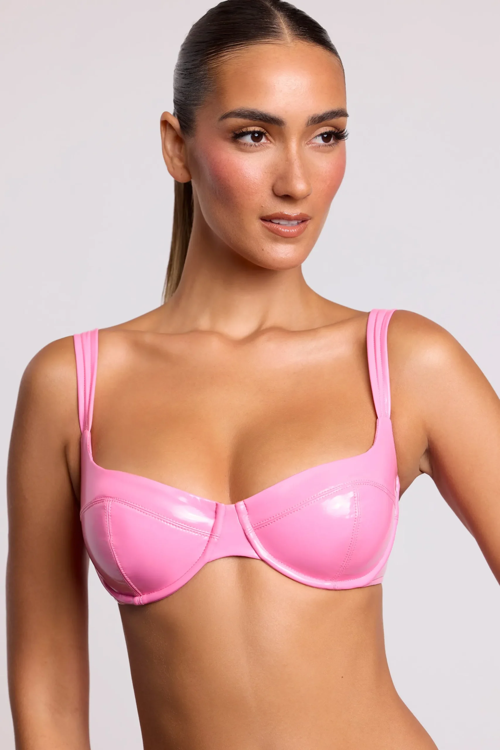 Oh Polly Co-Ords | Tops^Vinyl Underwired Bralette in Pink