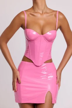 Oh Polly Tops^Vinyl Underwired Corset Crop Top in Pink