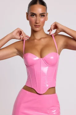 Oh Polly Tops^Vinyl Underwired Corset Crop Top in Pink