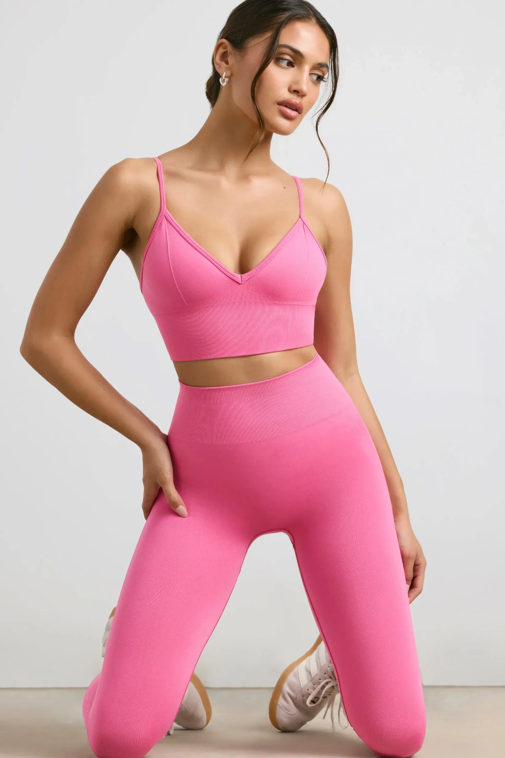 Oh Polly Matching Sets | Sports Bras^V-Neck Define Luxe Sports Bra in Hot Pink HotPink