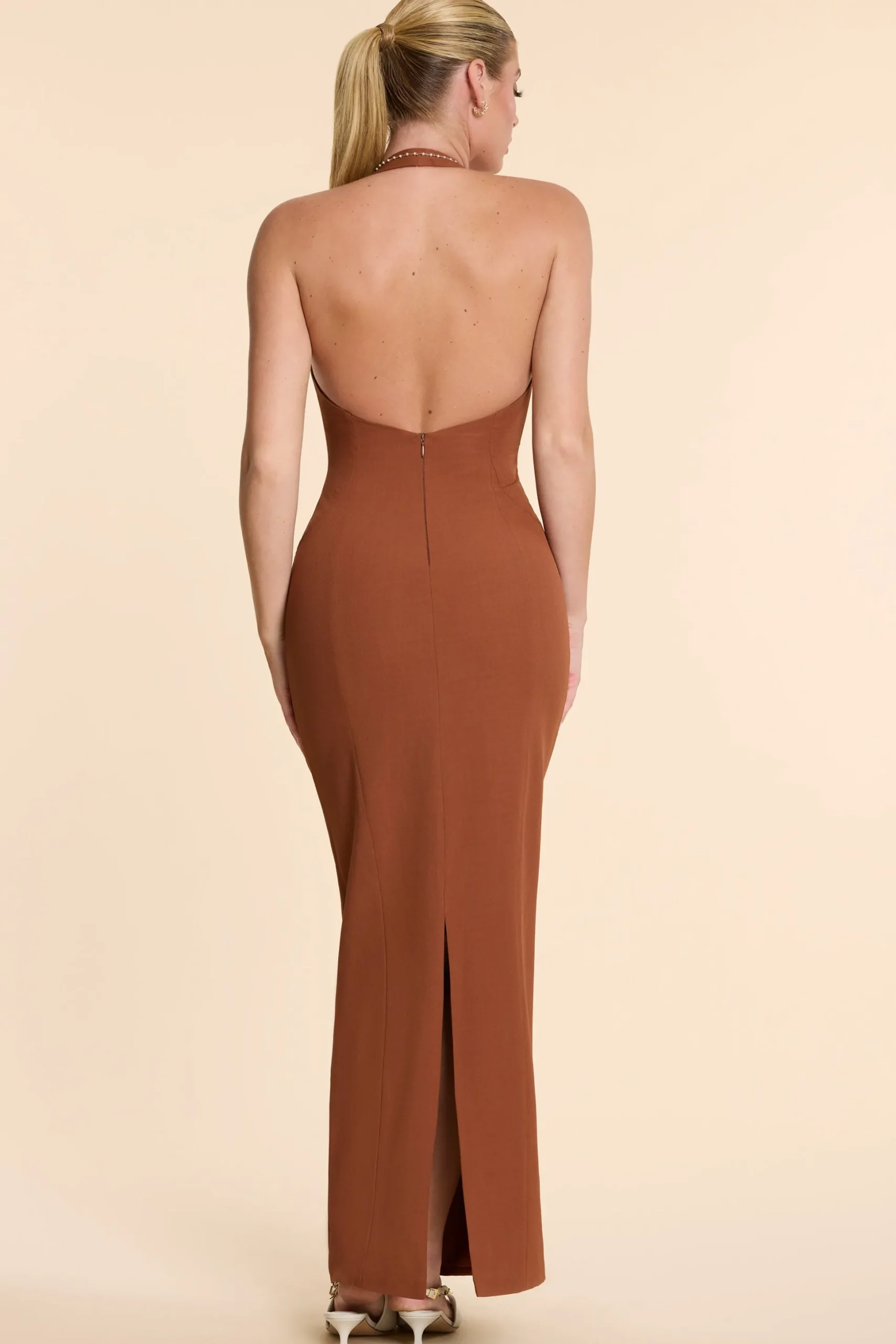 Oh Polly Women'S Clothing Sale - $65 And Under^Woven Twill Halter Neck Plunge Maxi Dress in Chestnut Brown ChestnutBrown