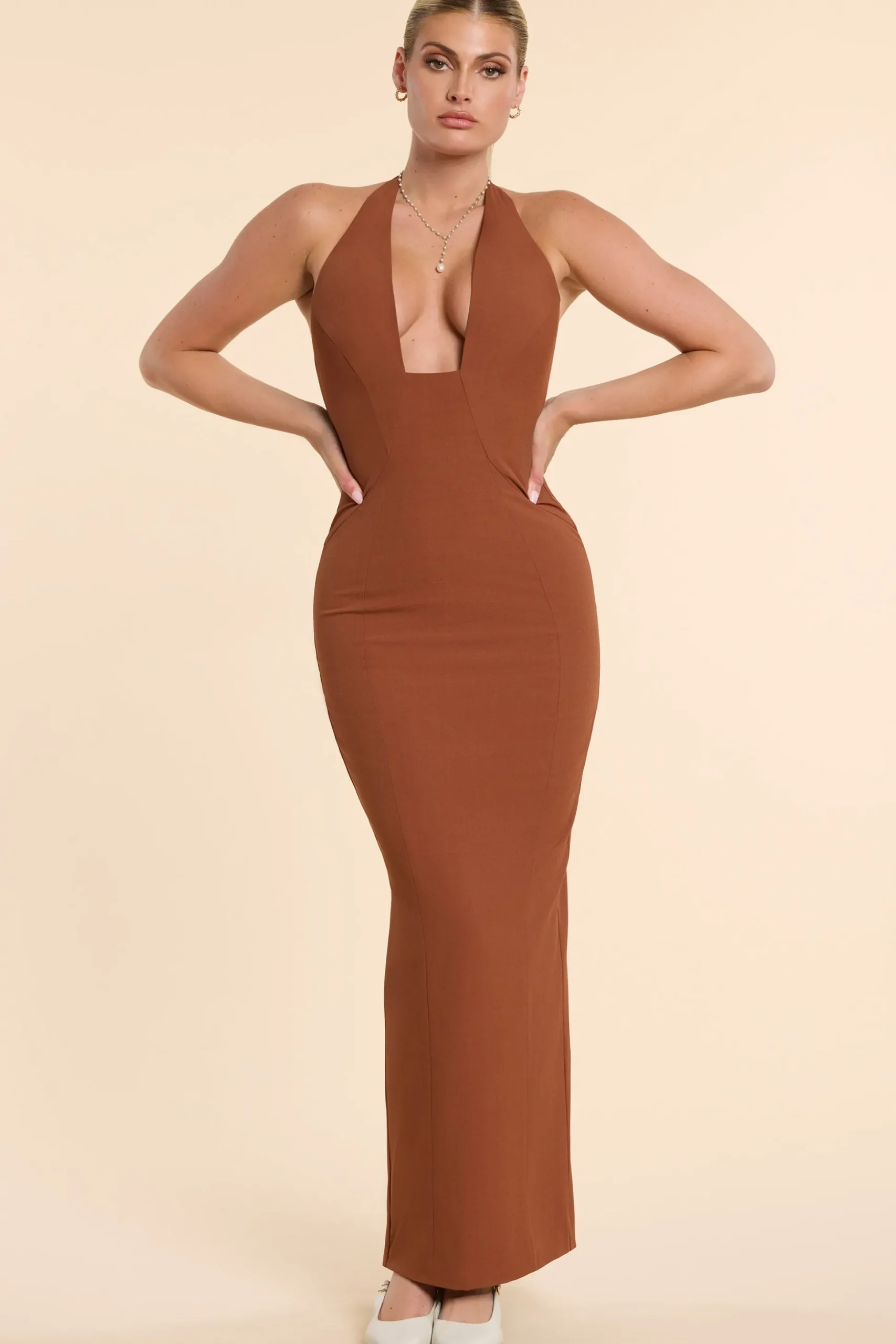 Oh Polly Women'S Clothing Sale - $65 And Under^Woven Twill Halter Neck Plunge Maxi Dress in Chestnut Brown ChestnutBrown