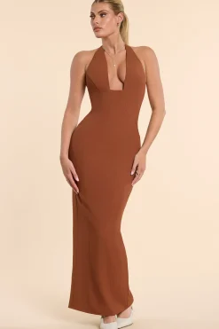 Oh Polly Women'S Clothing Sale - $65 And Under^Woven Twill Halter Neck Plunge Maxi Dress in Chestnut Brown ChestnutBrown